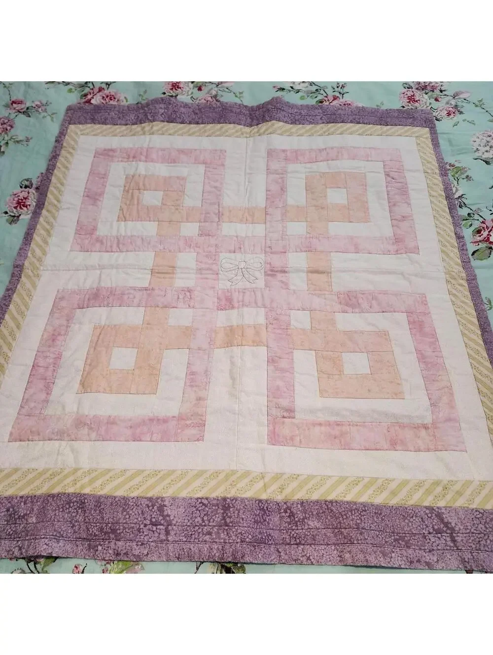 Handmade Baby Quilt Pink Purple White Patchwork Bow Applique Nursery Decor